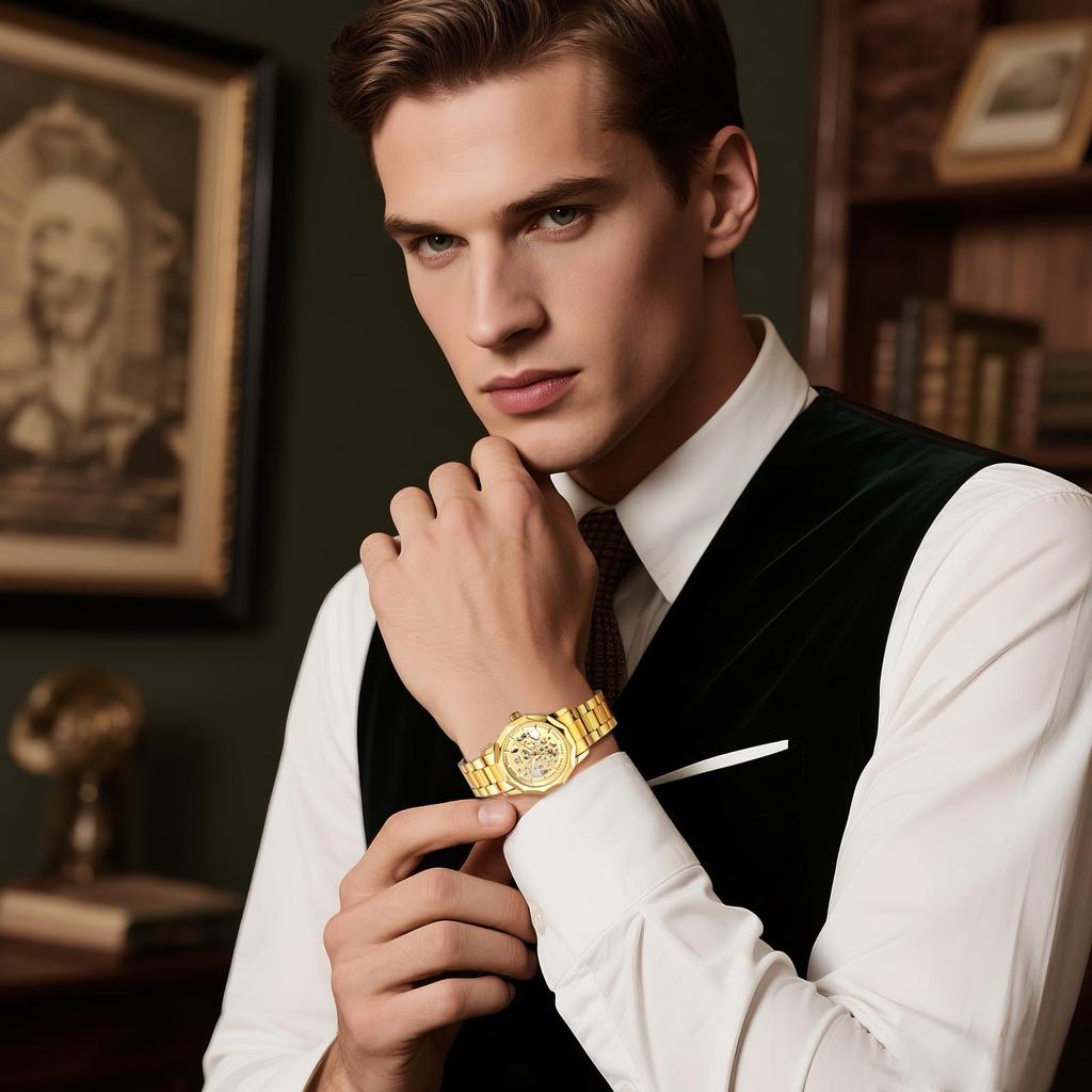 Men's Automatic Mechanical Skeleton Watch Luminous Analog Display Antique Waterproof Stainless Steel Band Casual Business Silver Gold black -