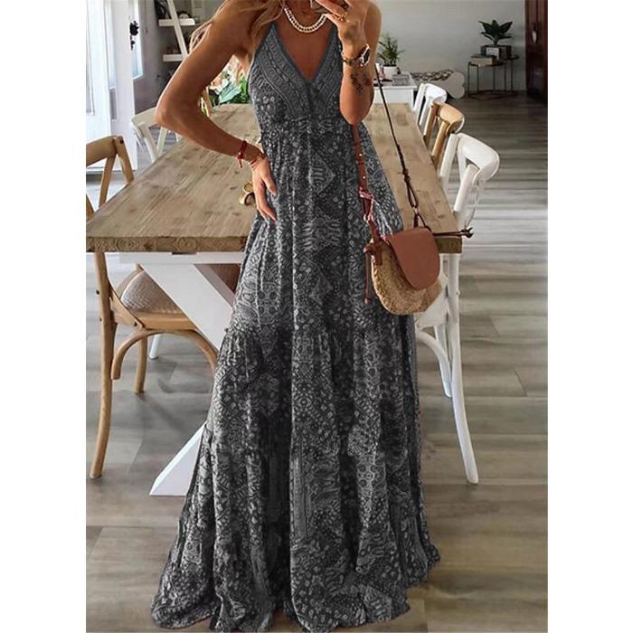 European and American New Bohemian Suspender Long Dress High Waist V-neck Printed Floral Summer Dress Women's Clothing