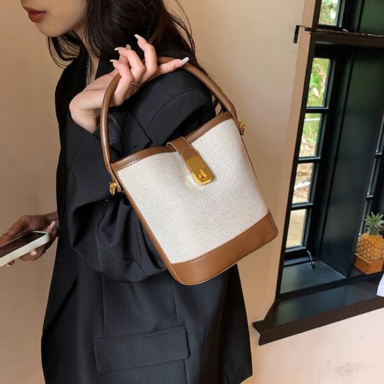 Women Messenger Bag Faux Leather Shoulder Bag with Top Handle Adjustable Strap Splicing Bucket Bag Crossbody Handbag for Daily Use Party Date