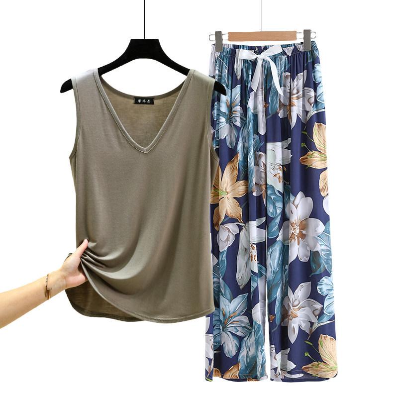 Lockere Modal-Pyjama-Sets Sommer V-Ausschnitt Tanktop und Florale Weite Hosen Lässiger Hausanzug ärmellos Loungewear Übergröße