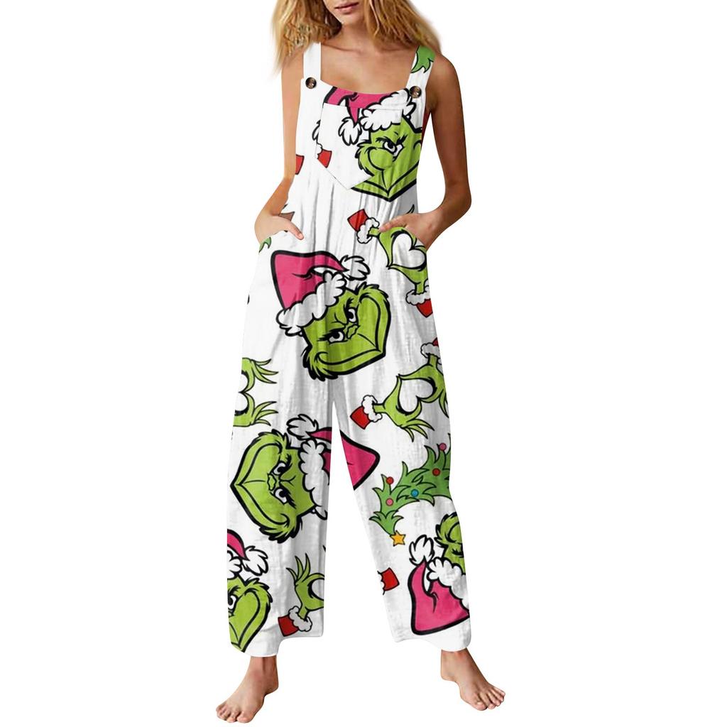 Women's Fashion Christmas  Print Casual Retro Sleeveless Button Jumpsuit