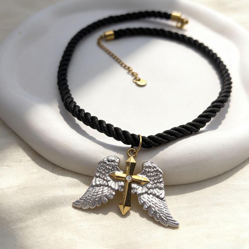 

Vintage Archangel, Wings, Cross Necklace, Men s and Women s Punk Hip Hop Style, Stainless Steel Wings, Cross Pendant 18K