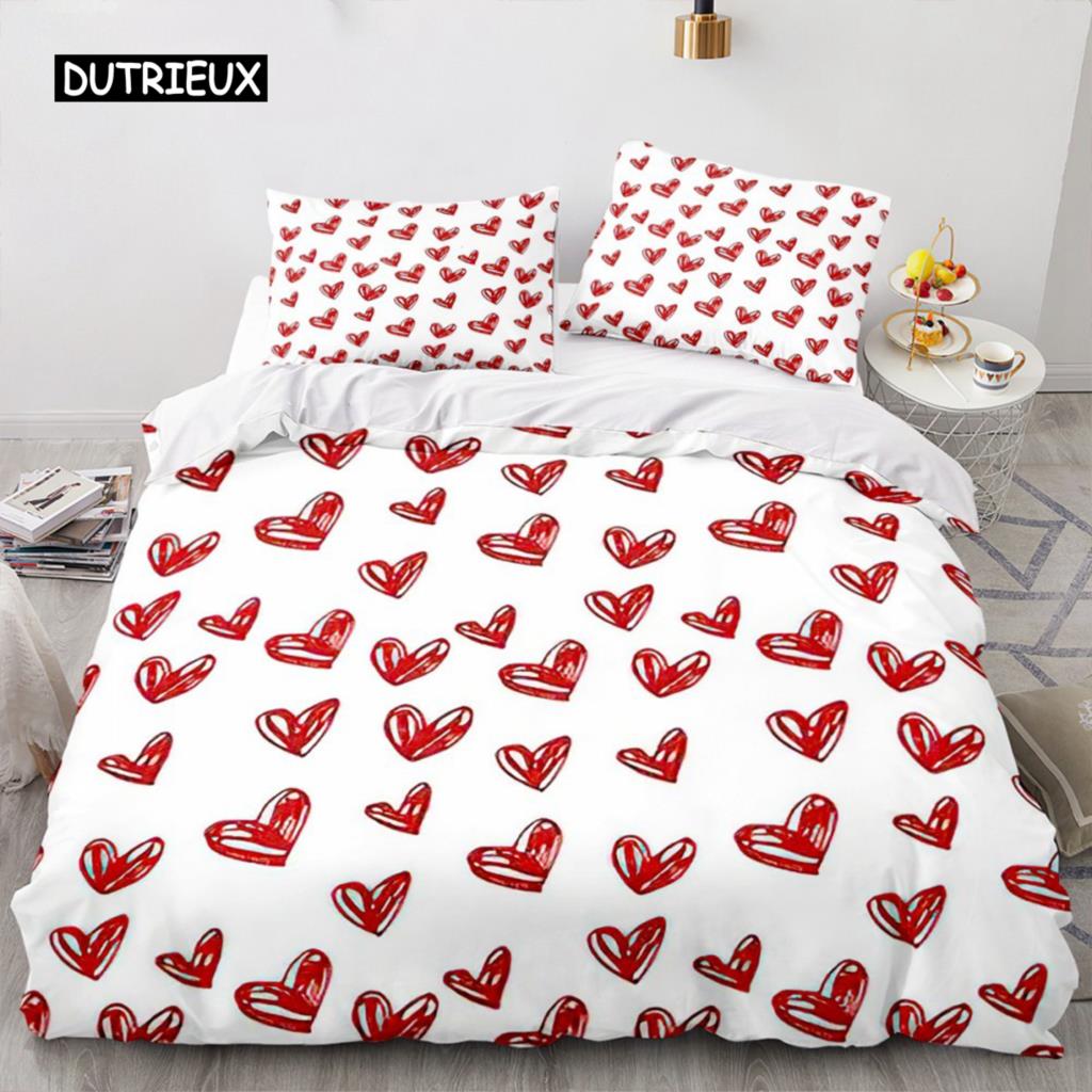 Red Love Heart Duvet Cover Luxury Romantic Theme Bedding Set for Couple Valentine's Day Gifts for Girlfriend Bedroom Decoration