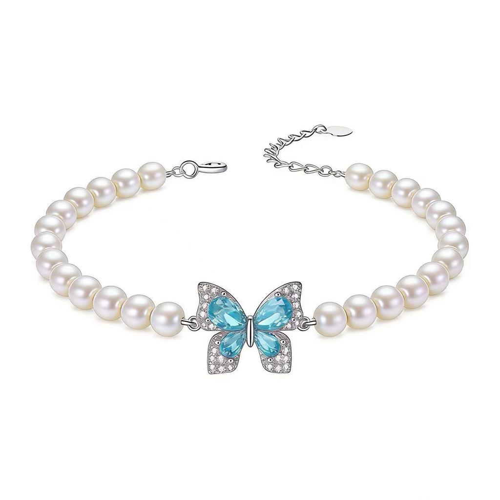 Elegant S925 Sterling Silver Butterfly Pearl Bracelet with Pink Blue Zircon