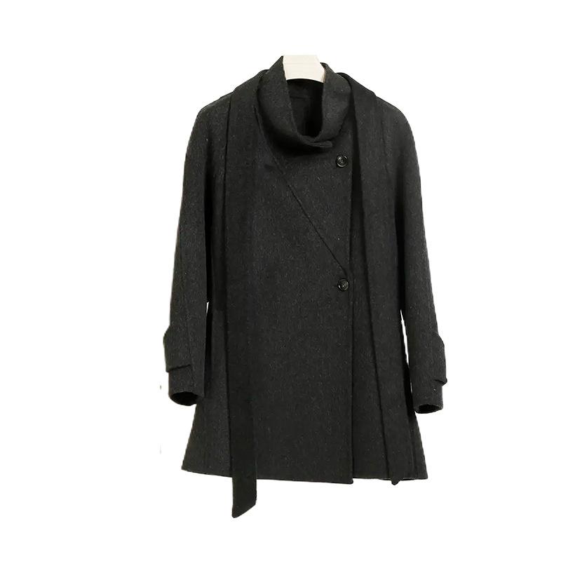 Autumn and Winter Small Wool Double-sided Woolen Coat Stand-up Collar Lace-up Waist Wool Woolen Coat Women