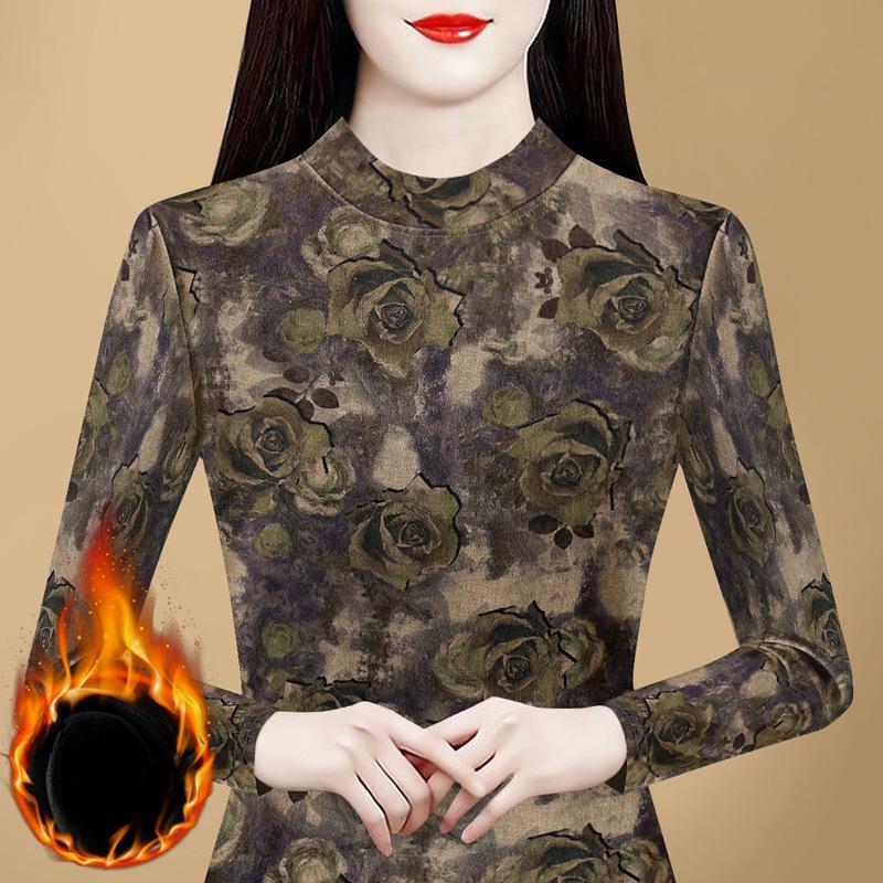 Winter New Korean Version Slim-fit Long-sleeved T-shirt Top Large-size Printed Fleece Thickened Pullover Bottoming Shirt