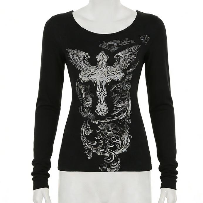 Gothic Print Slim Fit Crew Neck Short Sleeve Women's T-Shirt