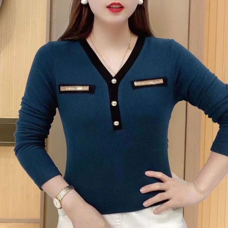 Casual Solid Color Spliced T-shirt Long Sleeve Commute V-Neck Spring Autumn Chic Diamonds Female Clothing Fashion Pullovers New