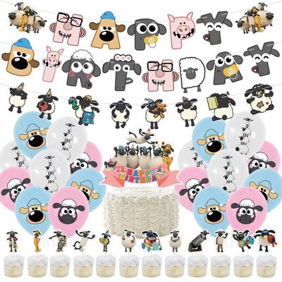 Ling Shaun the Sheep Birthday Decorations, Cute White Animal Sheep Banner, Garland, Balloons, and Cake Toppers for Kids, Boys, and Girls, 32-Piece Set