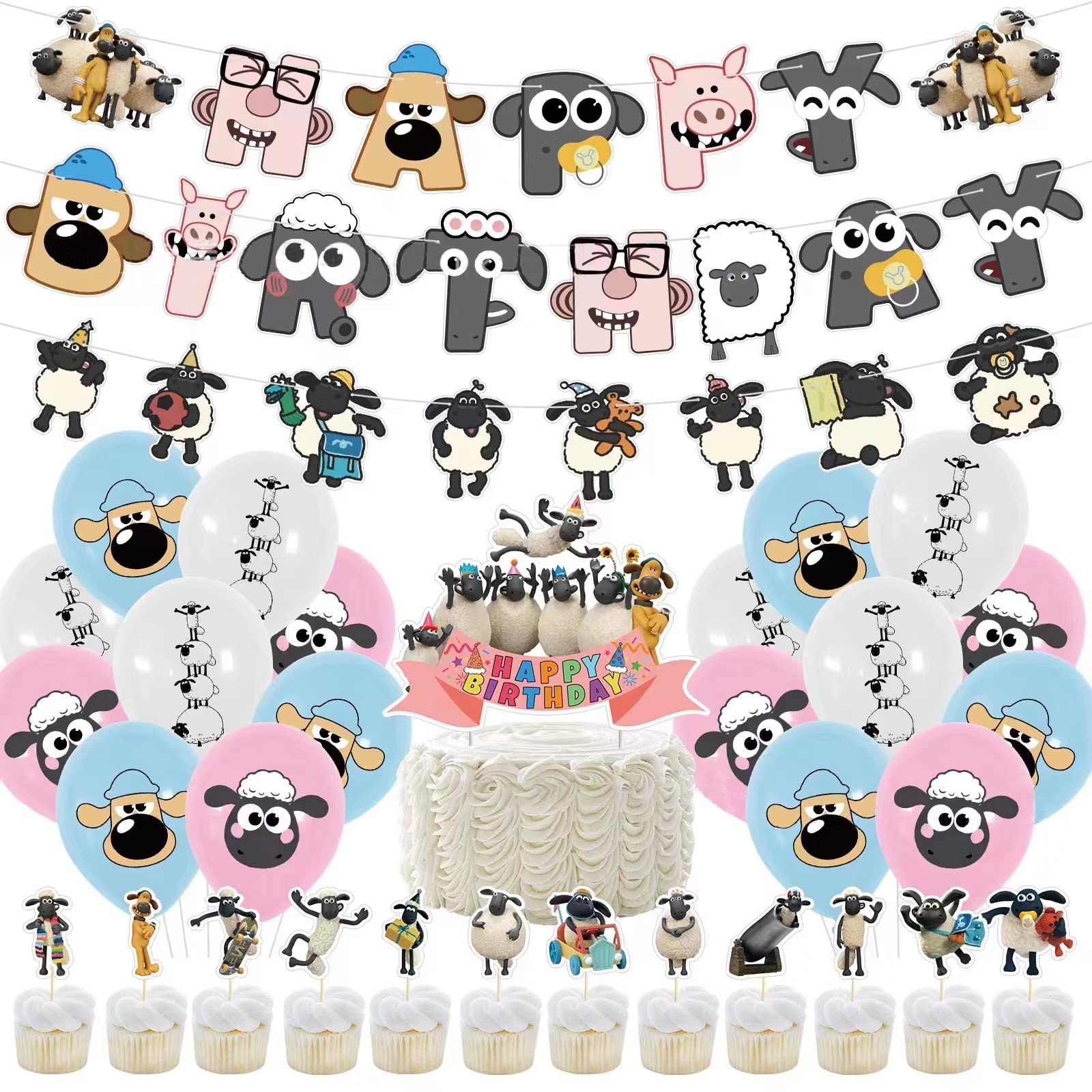 

ling Shaun the Sheep Birthday Decorations, Cute White Animal Sheep Banner, Garland, Balloons, and Cake Toppers for Kids, Boys, and Girls, 32-Piece Set
