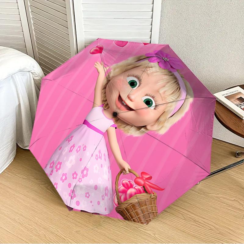 1 pièce Parapluie Pliant Automatique Masha et l'Ours, Conception Pliable Portable, Accessoire Extérieur Décontracté L1127109
