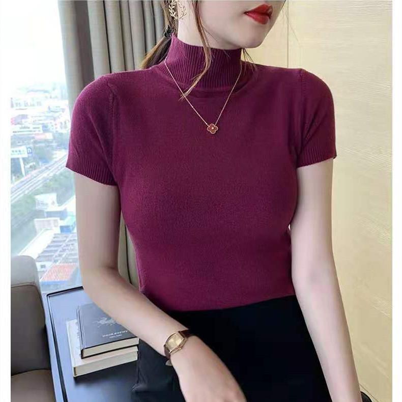 Moda Primavera y Otoño Cuello Medio Alto Camiseta de Punto Suave Manga Corta Top de Mujer Delgado Fino Cálido Bajo Casual Esencial Ajustado Jerséis Camisetas