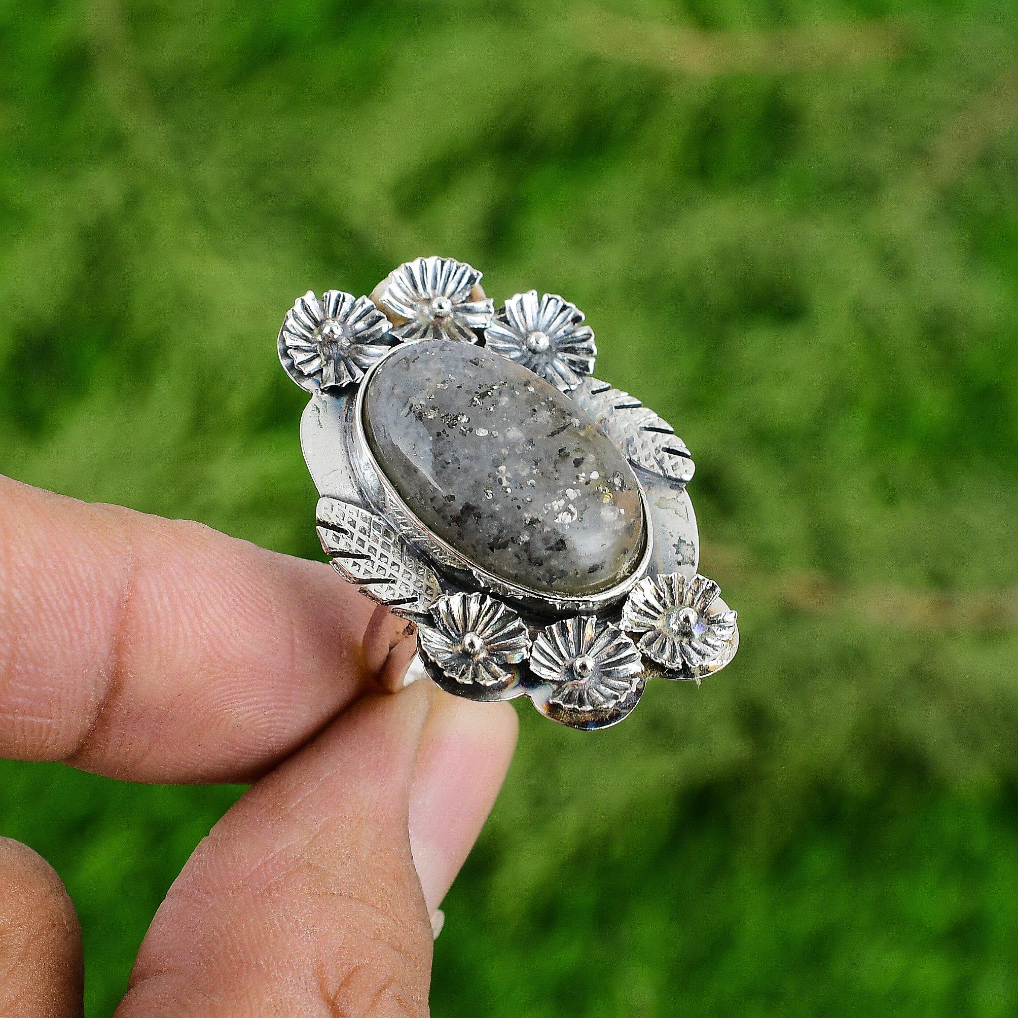 

Gift For Her 925 Silver Natural Black Sunstone Solitaire Flower Adjustable Ring Adjustable