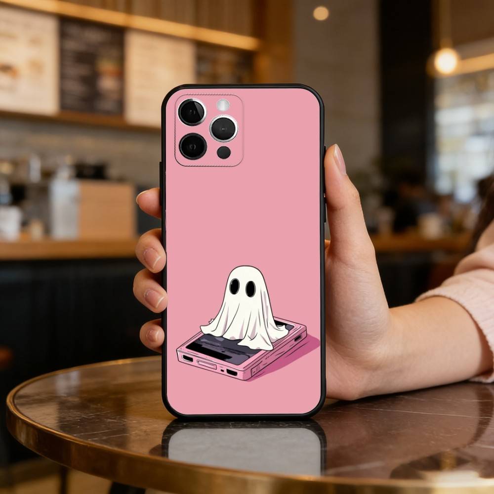 C-Cute Ghost Halloween Phone Case For iPhone 17,16,15,14,13,12,11 Plus,Pro Max,Soft Silicone Black Cover