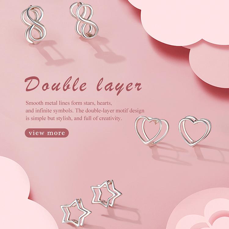 Bisaer 925 Sterling Silver Simple Fashionable Heart Shape Stud Earrings for Women Wedding Fine Jewelry