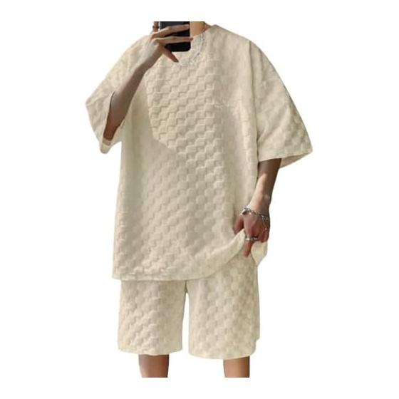 [NARROE] Jersey Top and Bottom Set, Men s Jacquard Lattice Short Sleeve Setup, Large Size T-Shirt, Half Pants, Sweatshirt, Loose, Stylish, Plain,