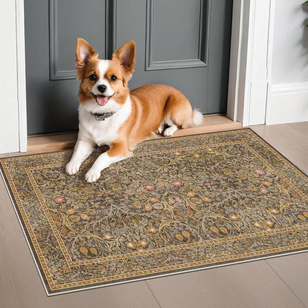Dunkelgrüner Waschbarer Eingangsteppich Vor der Tür Läuferteppiche Innen Badezimmer Kleine Teppiche Vintage Floral Dünner Teppich für Küche Boho Dekor