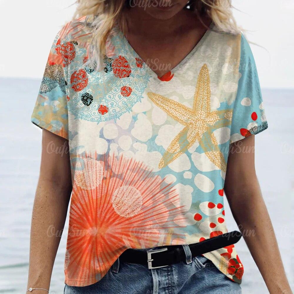 Top Women Sea Animals Printed T-Shirt For Women Oversized T-Shirts Women's Trending Clothing Summer Cheap  Beach T-shirt