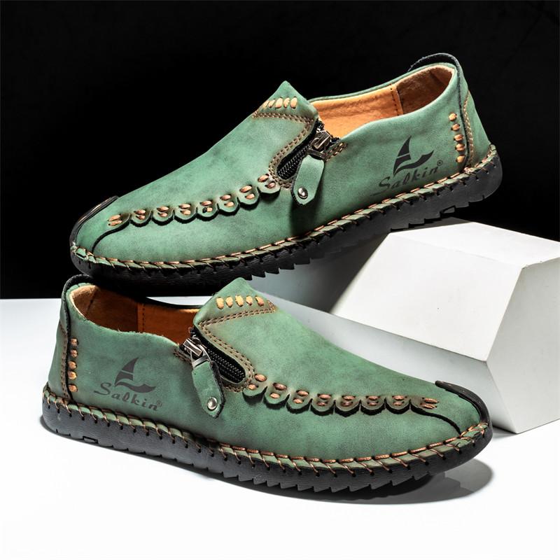 Retro Leather Casual Shoes For Man Green Suede Loafers Big Size 48 Quality Handmade Sewing Flat Shoes Man Driving Shoes Moccasin