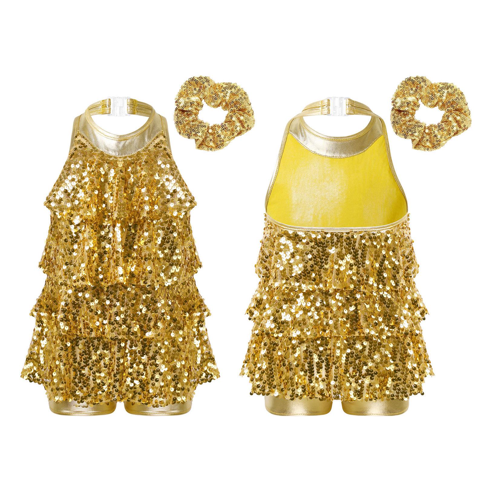 

Блискуче танцювальне купальник для дівчаток із блискітками та гумкою для волосся Джазовий латиноамериканський танцювальний костюм 3-4 Years золотий