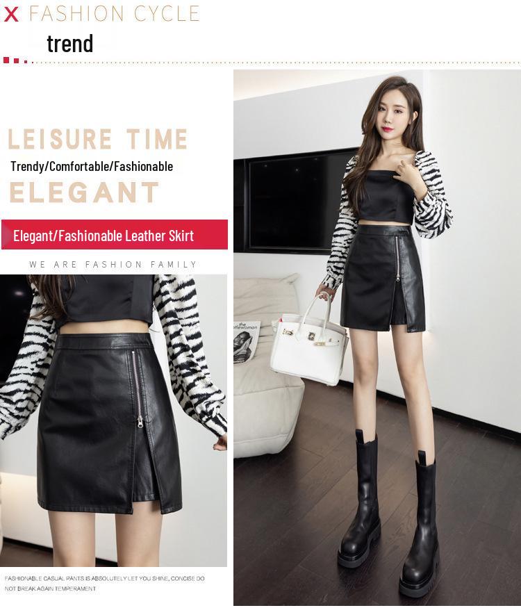 Dámská midi sukně s vysokým pasem z PU kůže s rozparkem - Móda podzim/zima 2023, A-line bodycon design