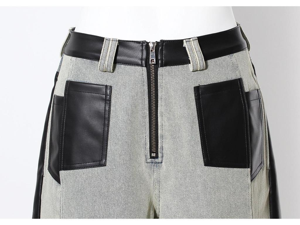 Women's Retro Washed Straight-Leg Jeans with Leather Splice, Contrasting Colors - 2025 Spring Street Style.