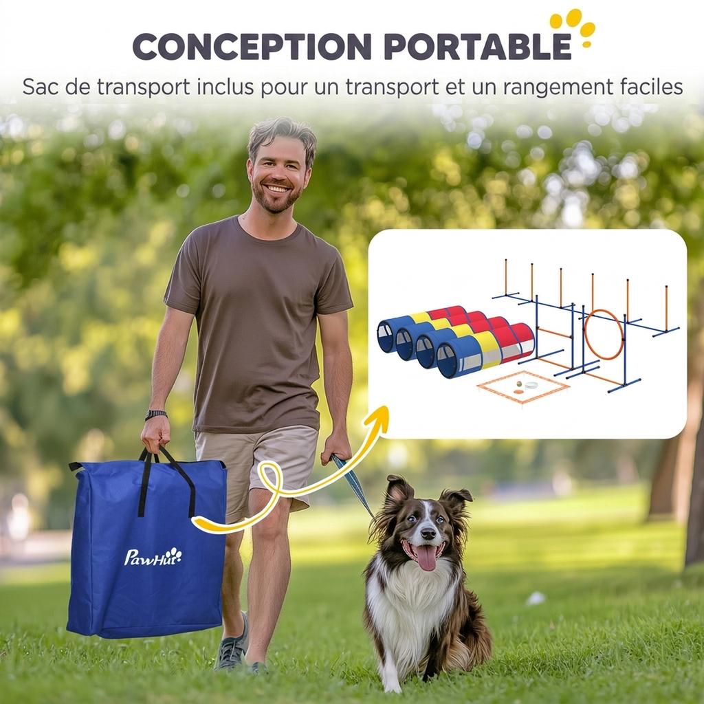 Dog Agility Equipment, 12-Piece, 4 Tunnels, Jumps, Ring, Slalom, 357 x 65 x 68 cm, Multicolored
