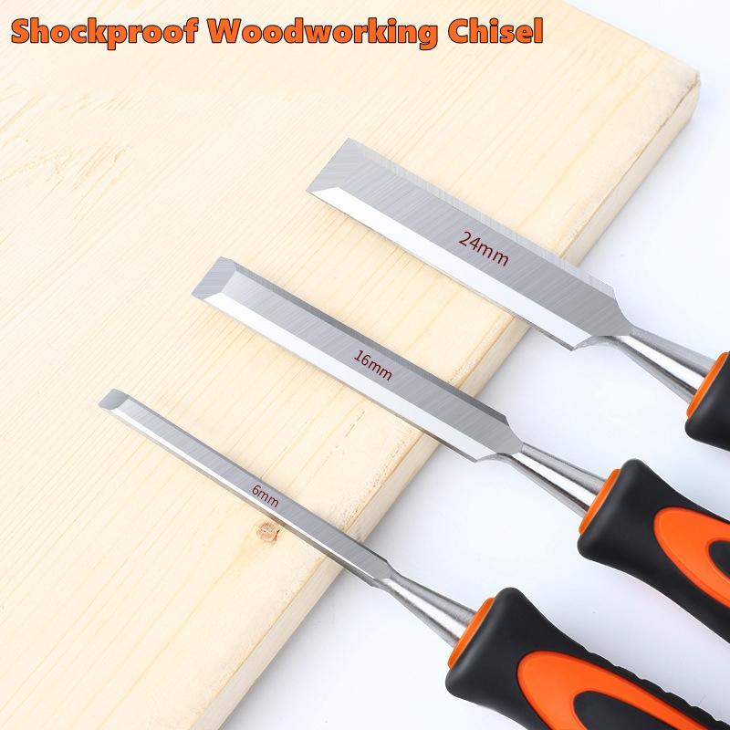 Wood Chisels Sharp Chrome-Vanadium Steel Woodworking Plane Carving Knife Anti-Slip TPR Coated Handle Ergonomic Wood Carving Tool