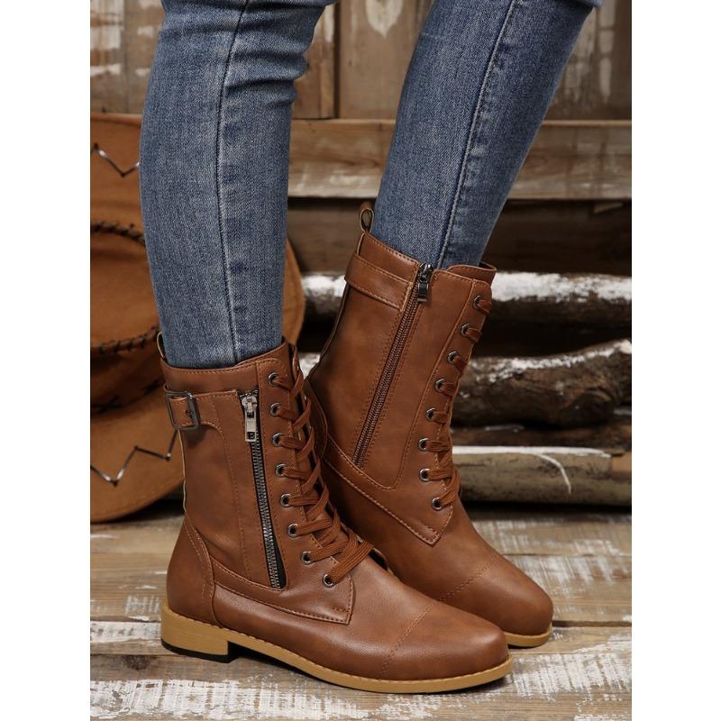 Women's Plus Size Mid-Calf Martin Boots New Autumn Winter Block Heel Lace Up Leather Ankle Boots with Side Zip