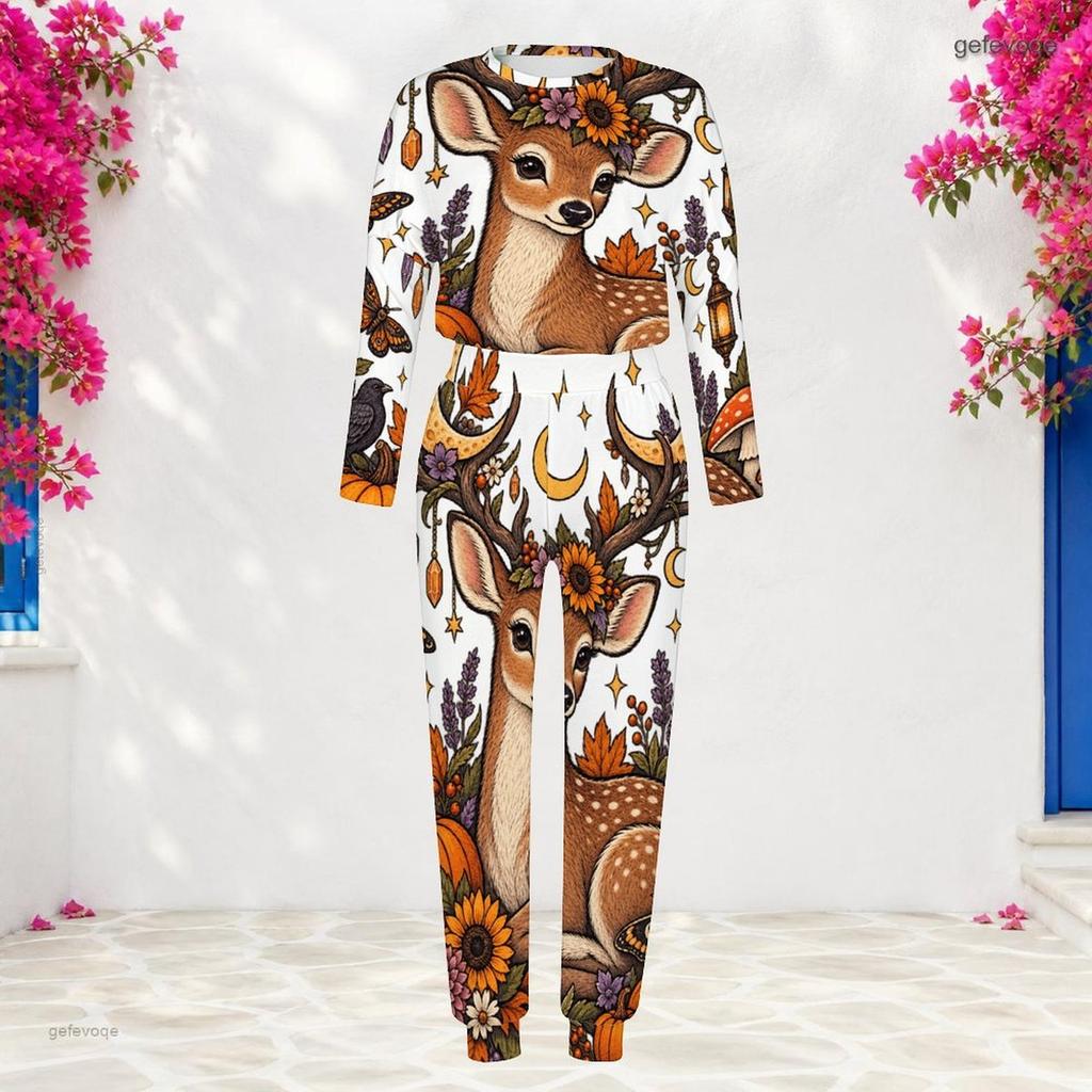 Women Plus Size Round Neck Long Sleeve Cat Printed Cuffed Top And Pants Two Piece Set