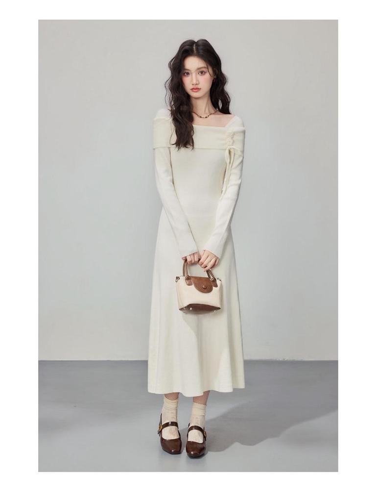 Korean Style Autumn Winter Knit Cinched Waist Slimming Long Dress for Ladies