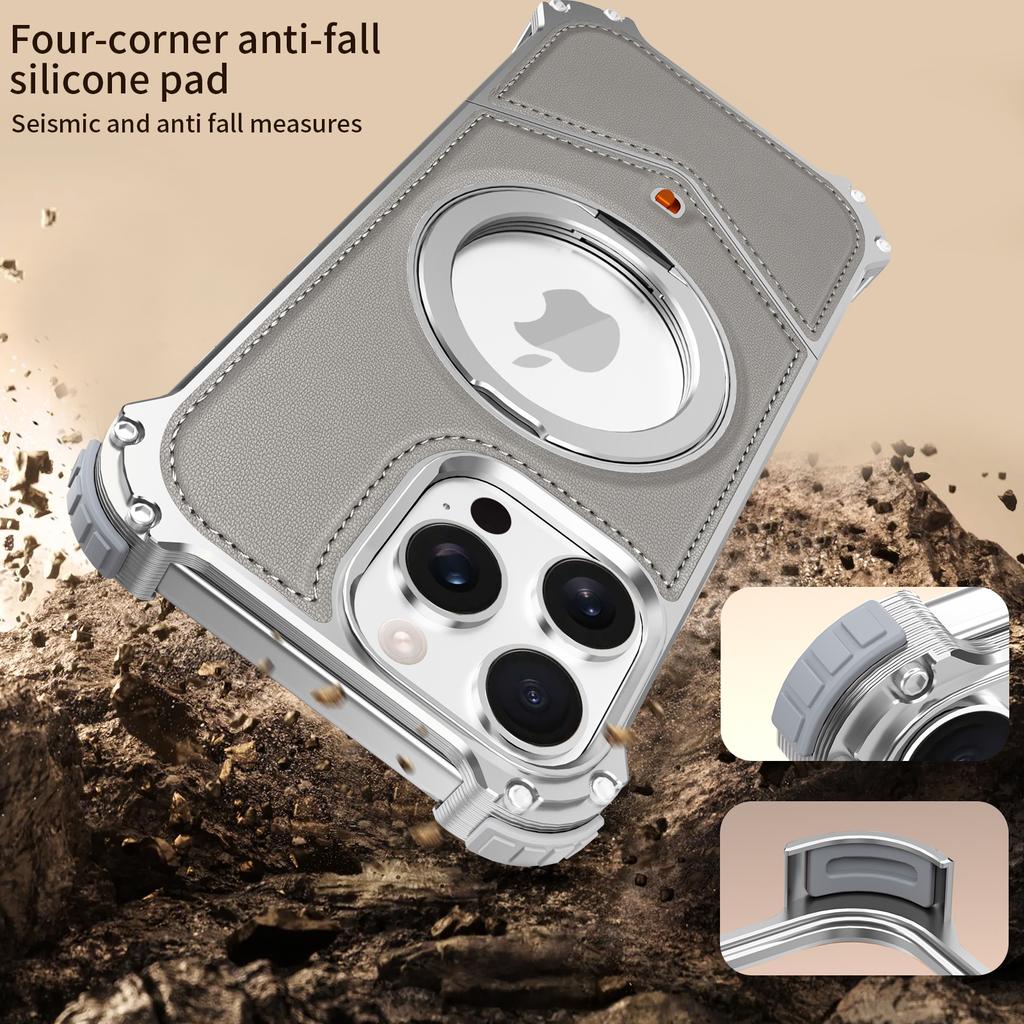 For iPhone 15 Pro Max Case PU Covered Metal Boardless Phone Back Cover with Kickstand