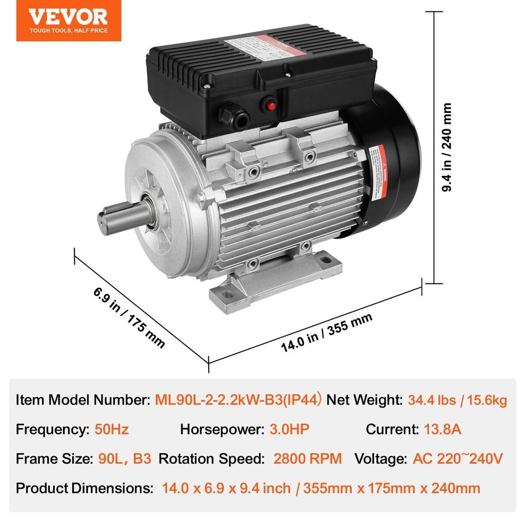 2.2KW Electric Motor 2800RPM AC 220~240V 13.8A 1-Phase 24mm Keyed Shaft