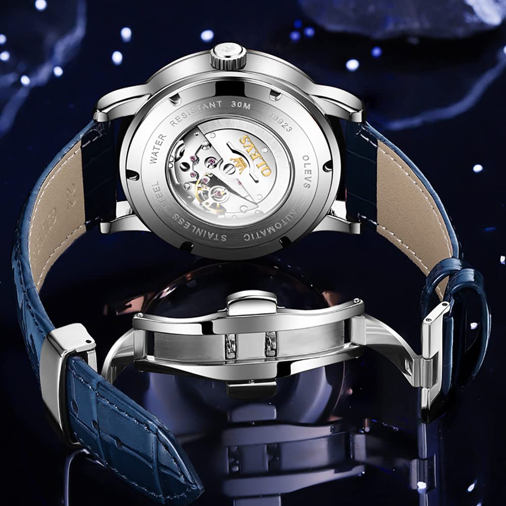 OLEVS Men's Cool Starry Sky Automatic Watch with Luxury Leather Strap, Skeleton Design, Waterproof, Blue…
