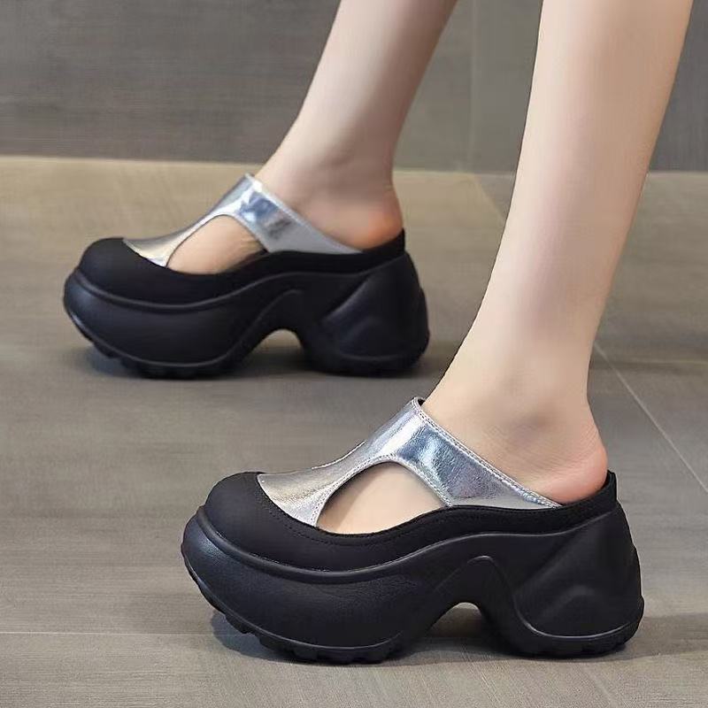 Super high heel wedge bag head half slippers women's summer wear new muffin sandals heightened thick sole hollow sandals