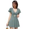 High Flared Plunging Hys2537 Dusty [Teddy] Women's One-piece Swimsuit, Figure-covering, Waist, Sleeves, Neck, (L (size 9), Blue)