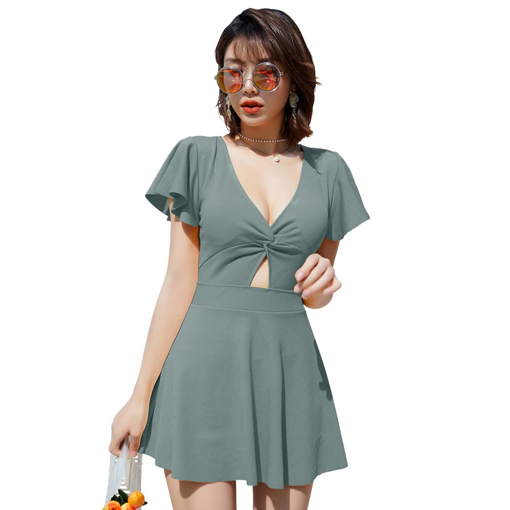 

высокий расклешенный глубокий hys2537 пыльный [Тедди] Женский слитный купальник, скрывающий фигуру, талию, рукава, шею, (L (размер 9), синий)