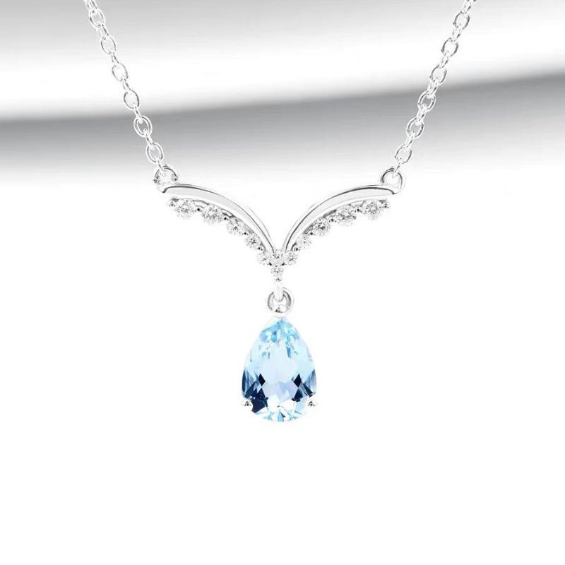 2021 Niche Design S925 Sterling Silver Angel Necklace with Blue Aquamarine - Simple Light Luxury for Women