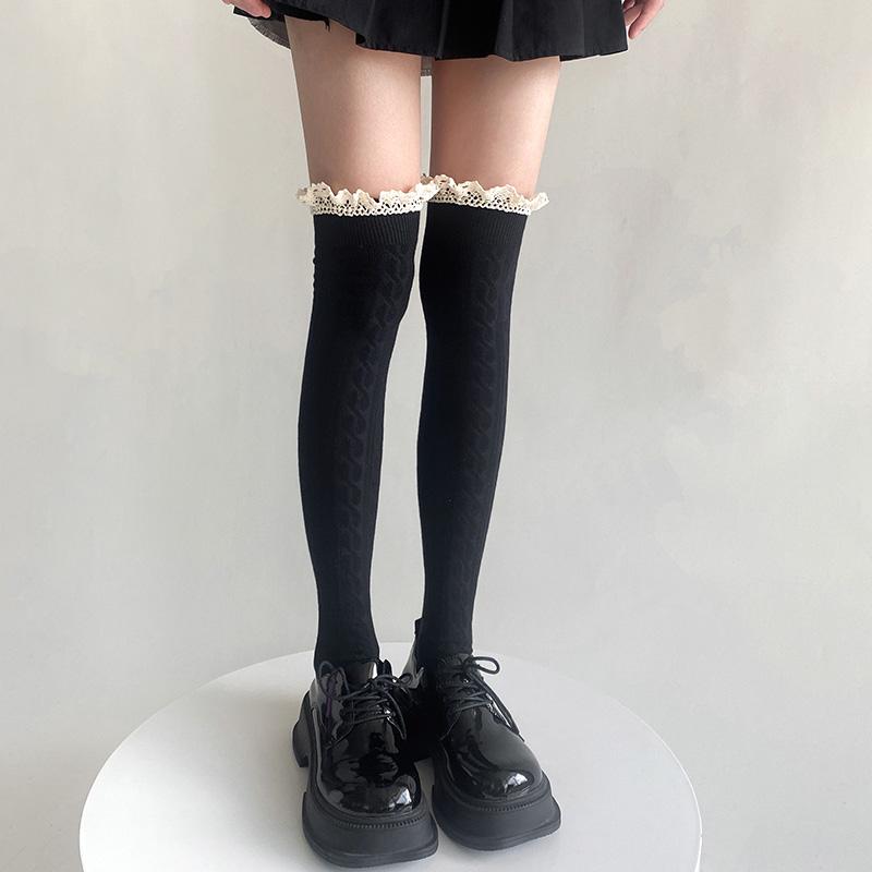 1 Paar Frühlings-Lolita Schnür-Kniestrümpfe für Damen Überknie-Schenkelhohe Strümpfe Mädchen Warm Sexy Baumwolle JK Strumpfhosen