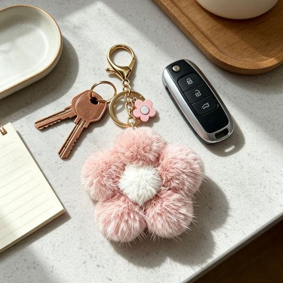 Floral Bag Charm Plush Flower Keychain for Backpack, Fuzzy Keyring Key Chain Charm, Women Girls Handbags Decorative Accessory Aesthetic Purse