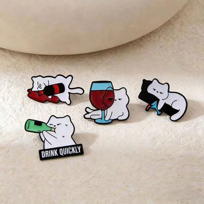 Cartoon Dripping Cat Metal Badge Cute Drinking White Cat Brooch Versatile Creative Funny Medal Clothing Accessories