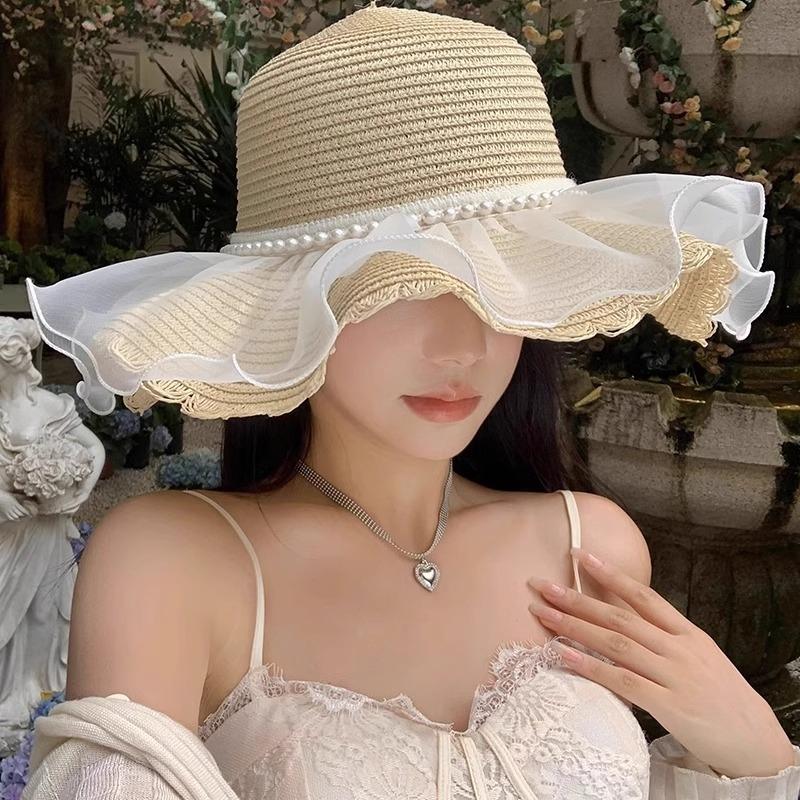 Lace Straw Hat Women Summer Big Hat Brim Outdoor UV Anti-straw Sun Hat Beach Hat Tide