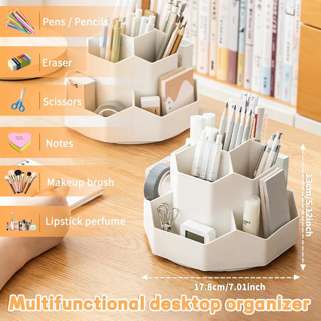 360°Rotatable Pen Holder Large Capacity Makeup Brush Storage Rack Pencil Box Multi-functional Desktop Organizer School Office