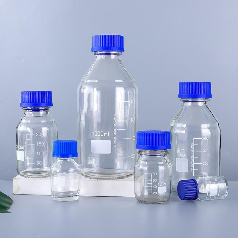 Blue Cap Transparent Glass Reagent Bottle with Scale, Brown Round Sampling Bottle