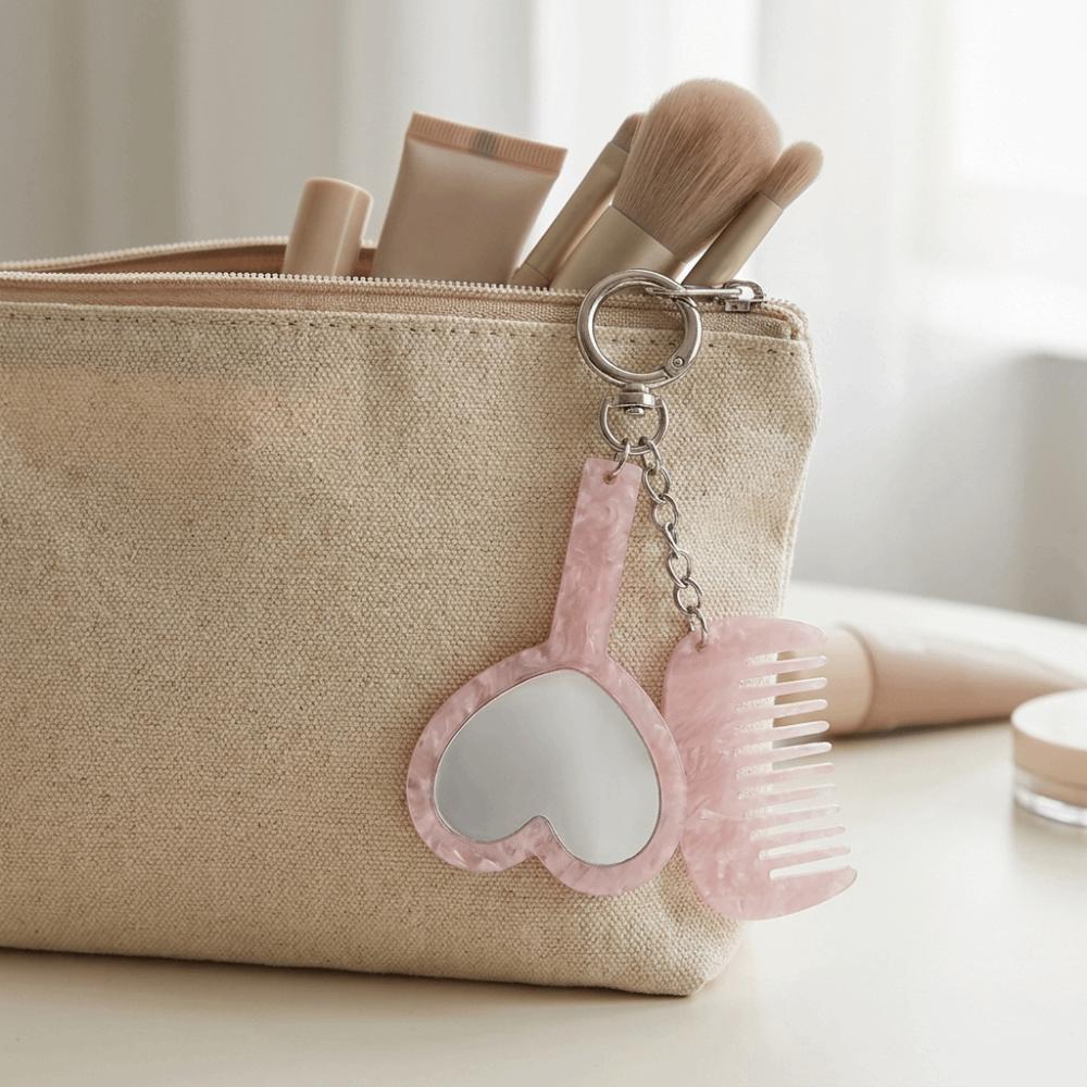 Mini Fine Tooth Comb Grooming Keyring Acetate Material Heart Mirror Comb  Bag Pendant Use