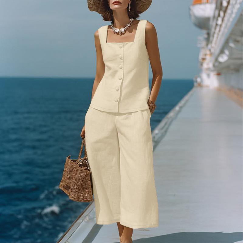 ZANZEA Women Sleeveless Vest Tops and Cropped Pants Summer Two Piece Suit Sets
