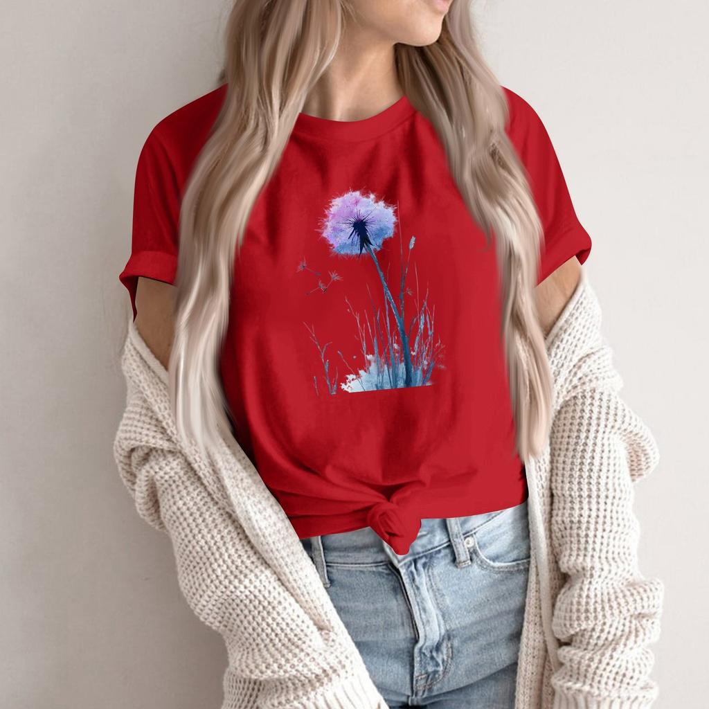 Women's Fashion Casual Printed Round Neck Short Sleeved Pullover T-Shirt Top