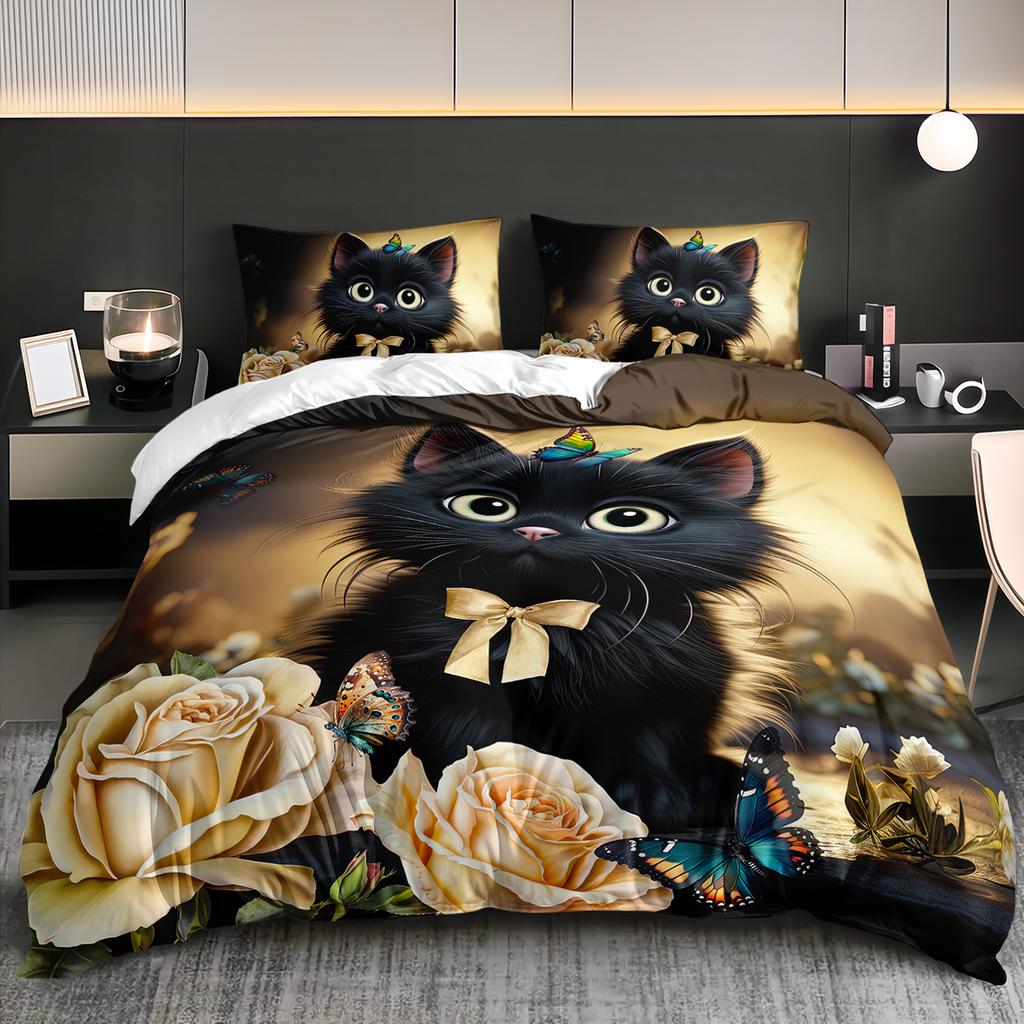 3-teiliges Niedliches Bettwäsche-Set mit schwarzer Katze, Bettbezug-Set mit Blumenmuster, Elegantes Kätzchen-Thema, Weiche Schlafzimmerdekoration mit Rosen und Schmetterlingen