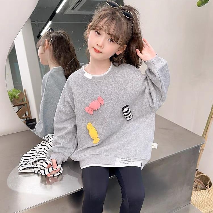 2024 New Style Gray Long-Sleeve Sweatshirt for Girls - Wide Fit, Perfect for Spring and Autumn