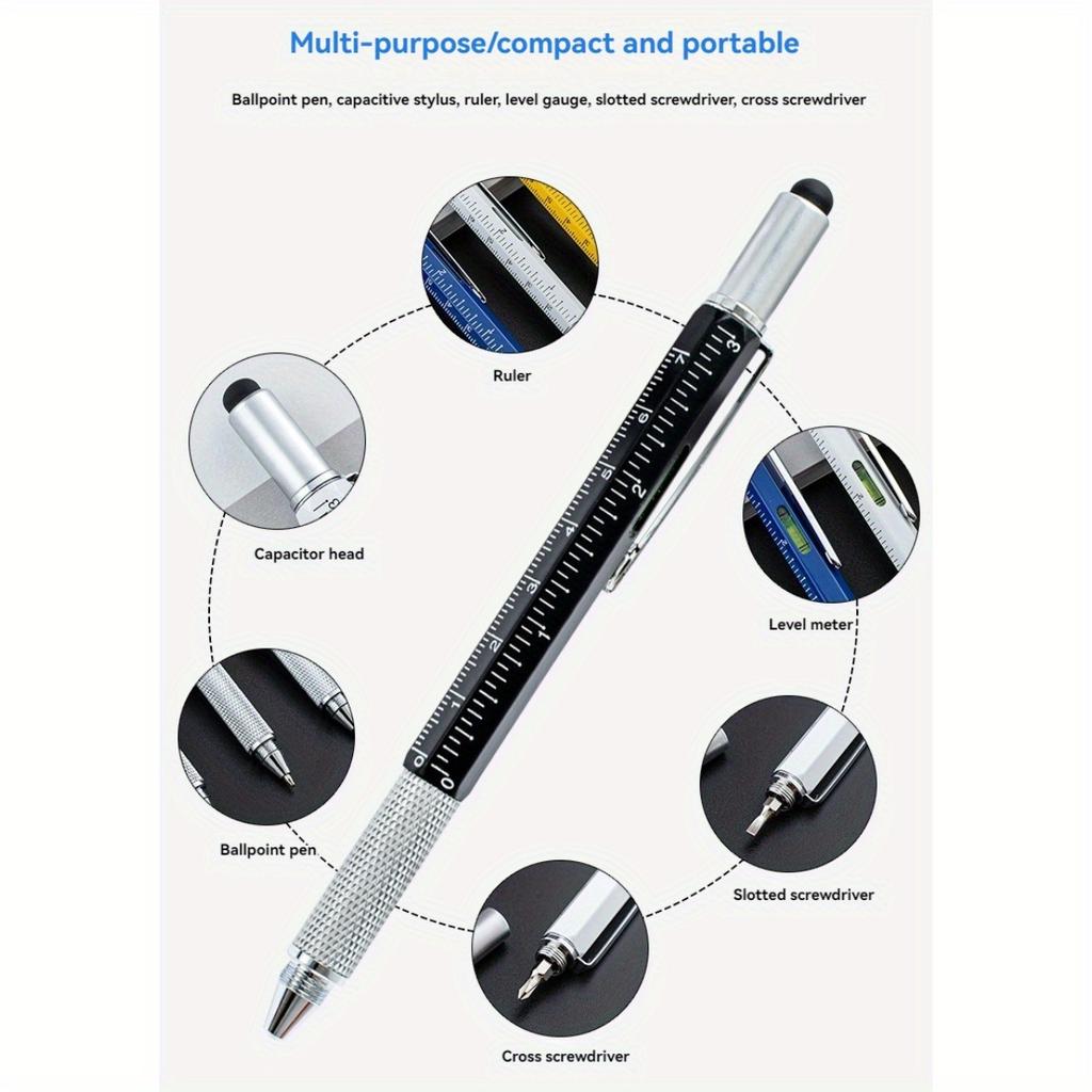 6-in-1 Metal Screwdriver Level Ballpoint Pen Multifunctional Touch Screen Capacitive Ruler Tool Metal Pen